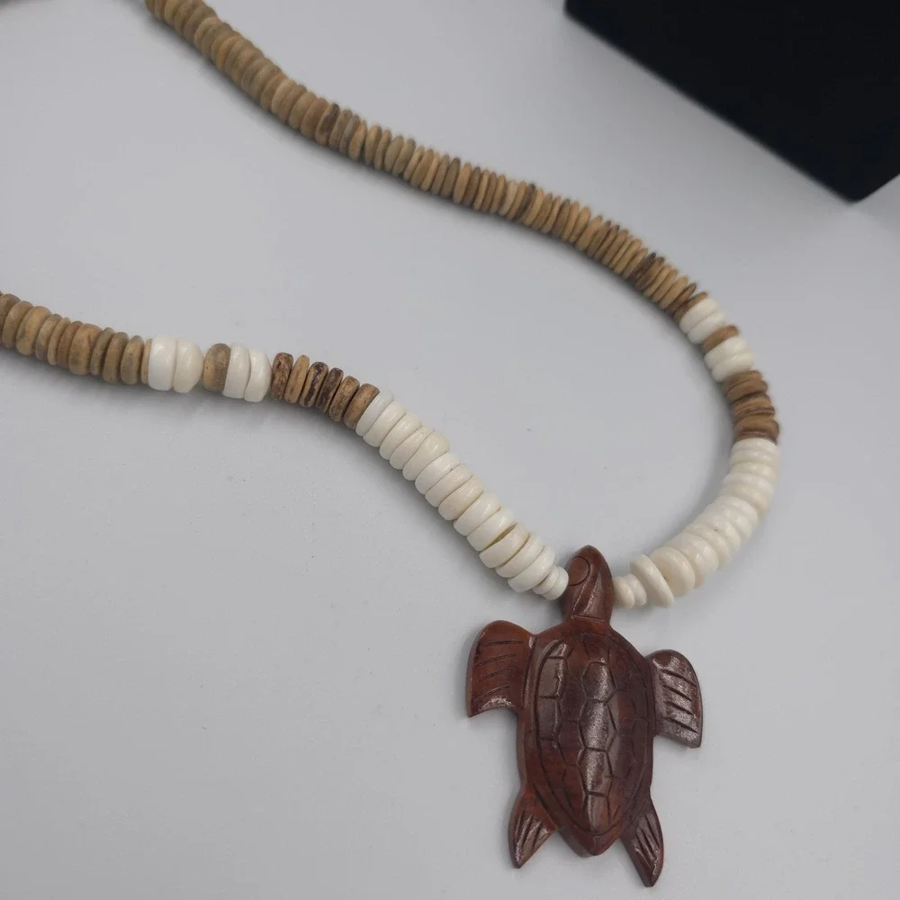 Puka Shell Necklace Hand Carved Wood Sea Turtle Pendant Brown White